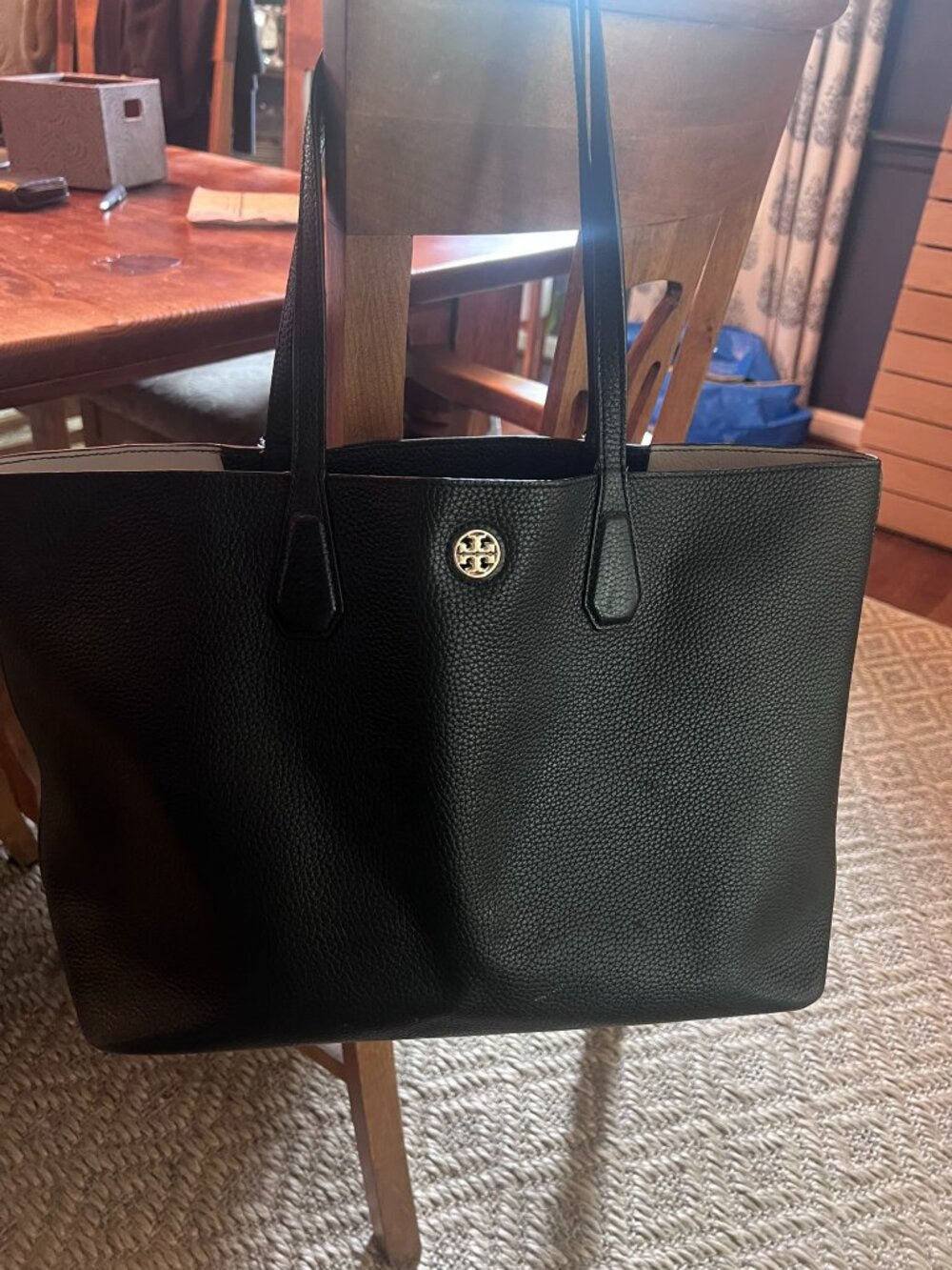 TORY BURCH Black Leather Tote Bag pebble leather
